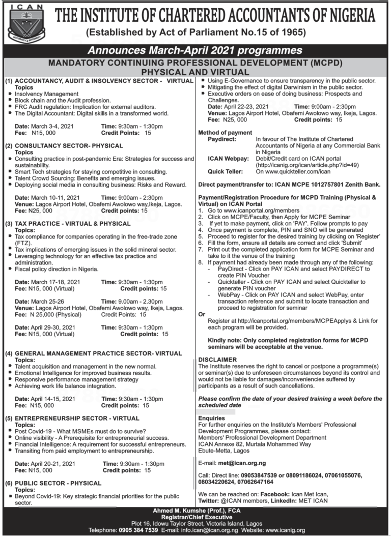 ICAN Mandatory Continuing Professional Development (MCPD) Timetable for