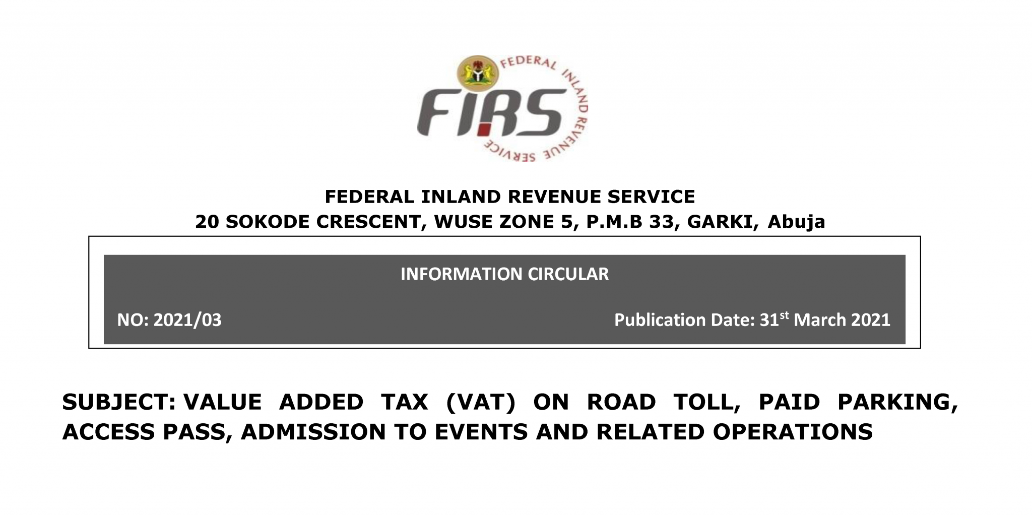 FIRS issues guidelines on the applicability of VAT on toll, parking and